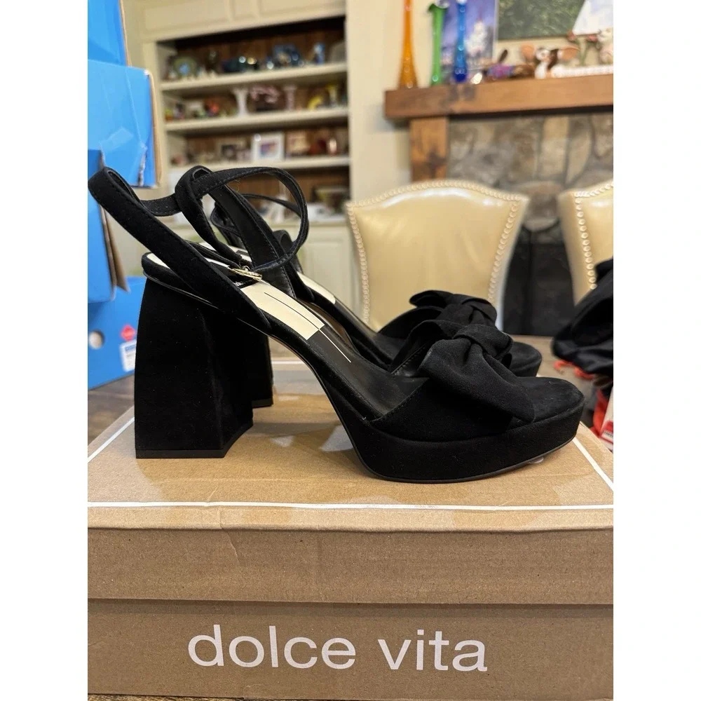 Dolce Vita Women's Pacie Sandal Suede Size‎ 9 Black Bow Peep Toe